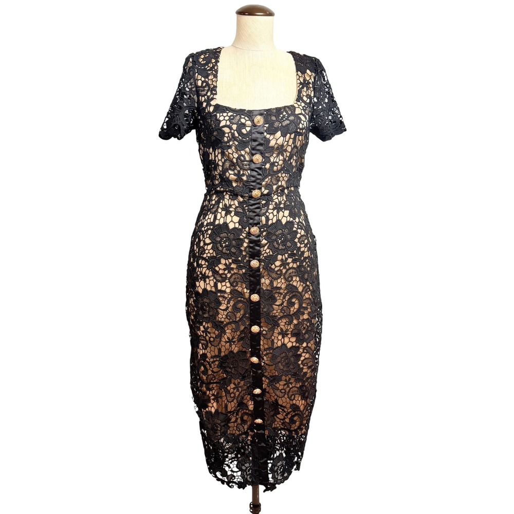 Rachel Parcell Black Guipure Lace Midi Dress Gold Button Square Neck Size 4